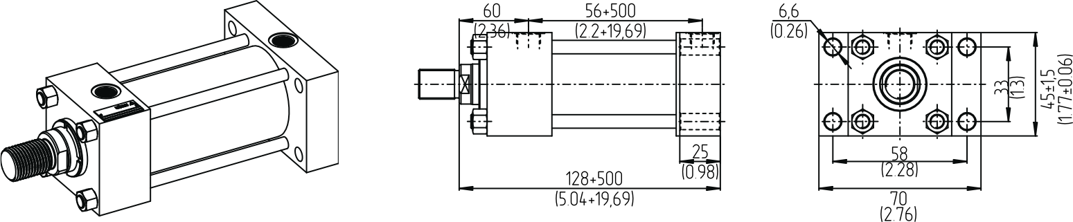Rysunek z wymiarami kołnierza montażowego siłownika CK-**-P