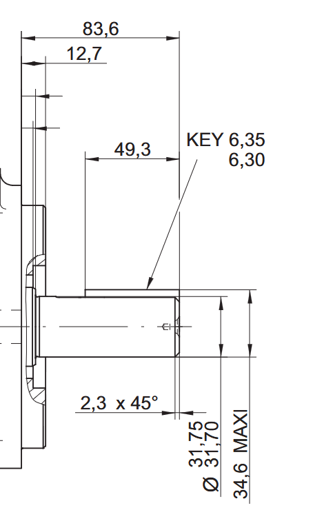 Wymiary wału 01 do T67DBB, T67DCB, T67DCC, T67DCCM